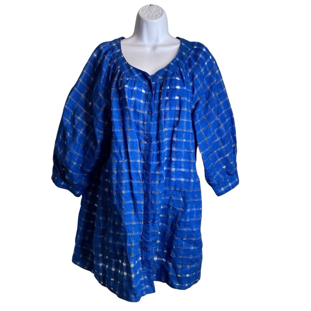 Chico's Women's Blue Metallic Plaid Check Tunic Linen Top Size 2 Large Oversized